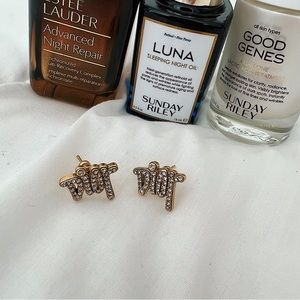 Dior Gold Brass Antiqued Logo Stud Earrings